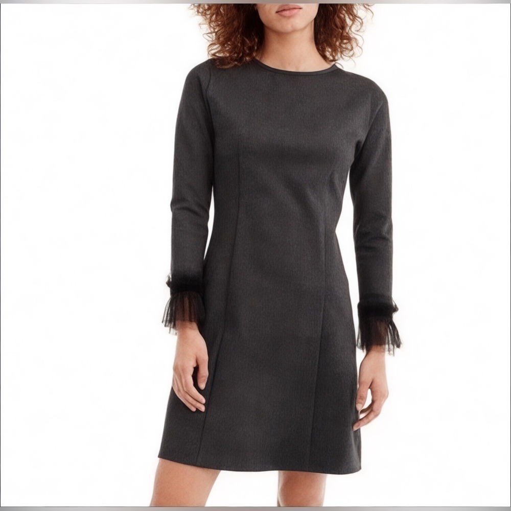 J. Crew Tulle Cuff Long Sleeve Shift Mini Dress Womens Small Grey Office Classic